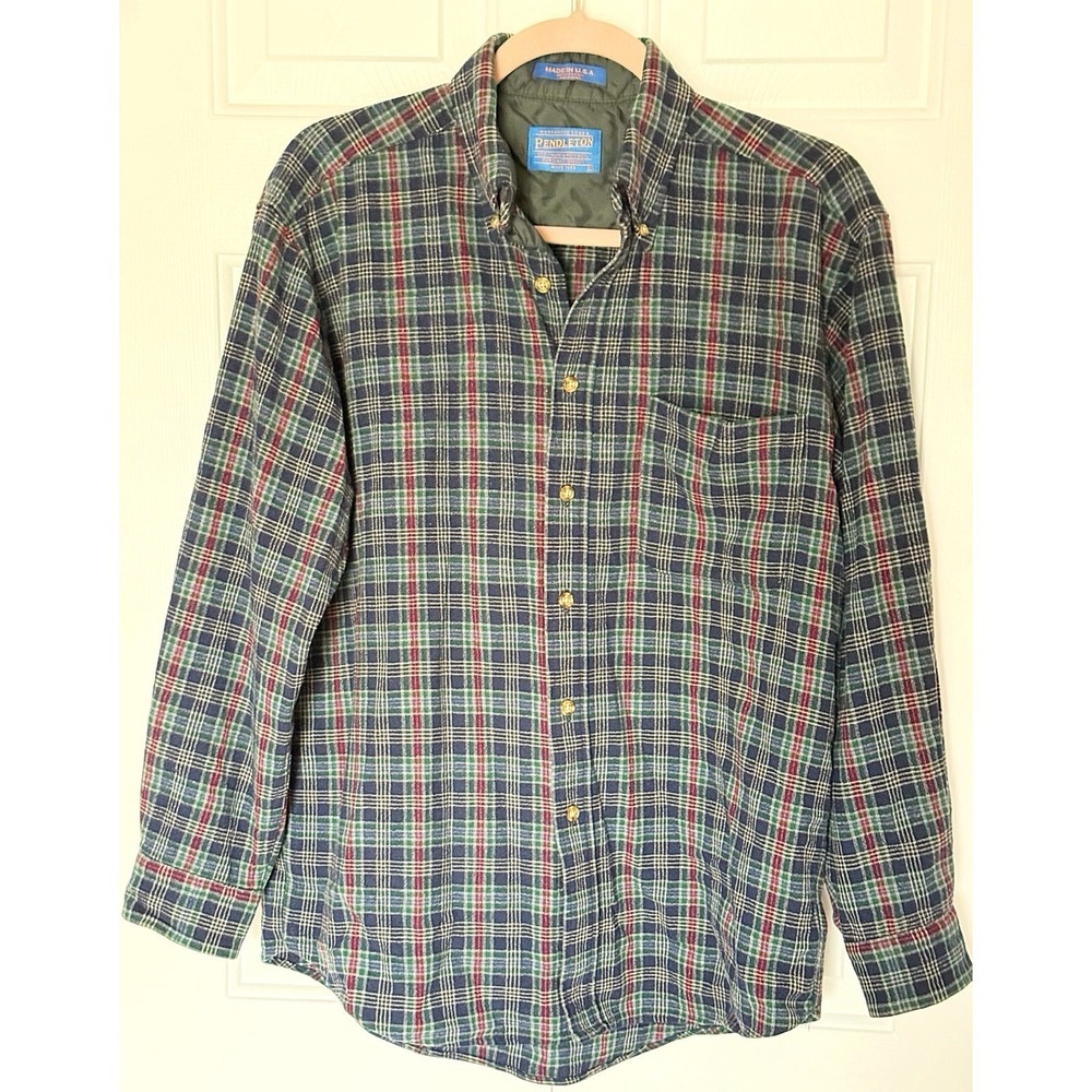 Vintage Y2K Pendleton Blue Green Red Plaid Long Sleeve Shirt Size M 100% Wool